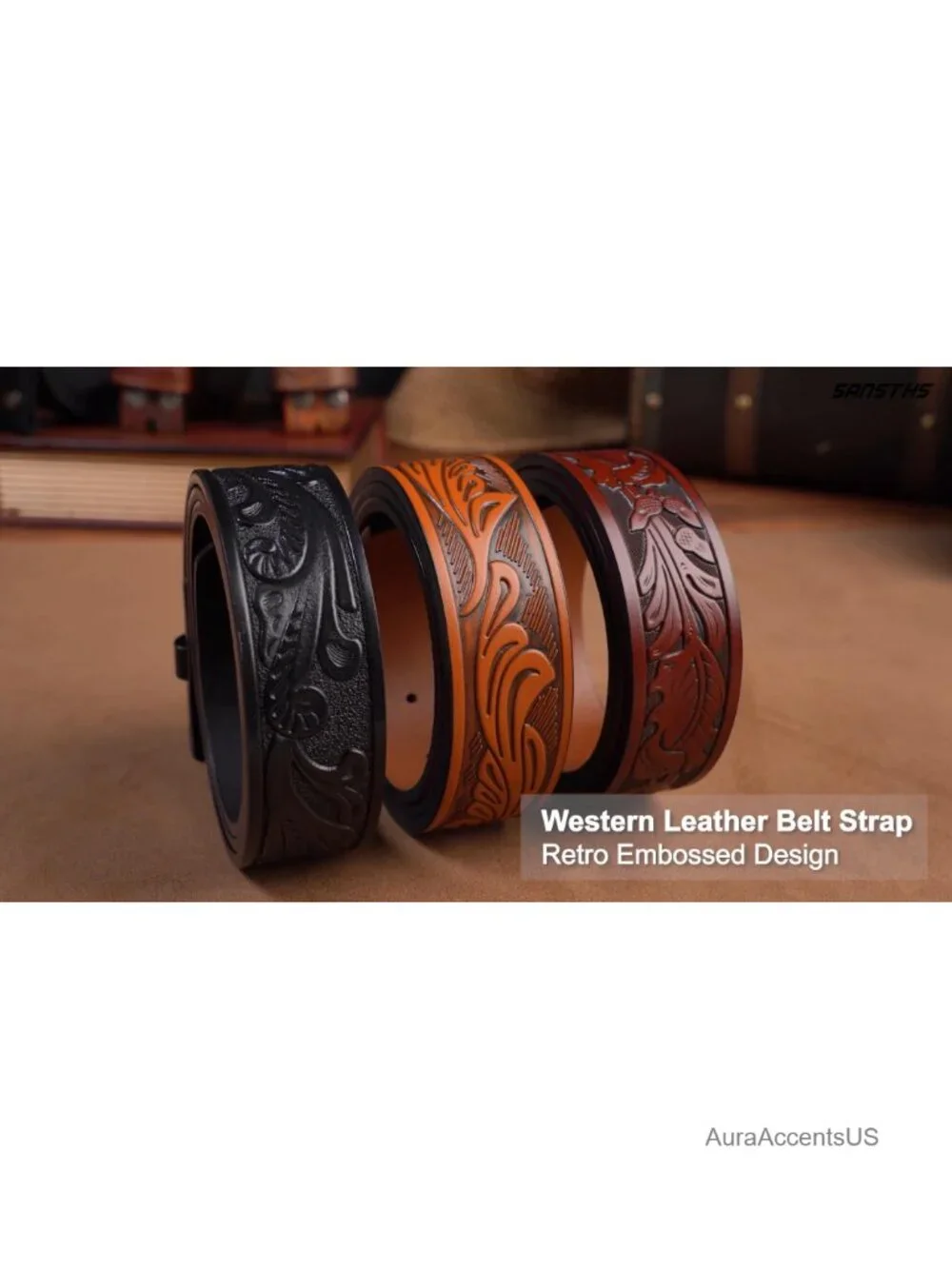 Western Belts Without Buckle - 3 Pack, Genuine Leather, Embossed Cowboy Belt